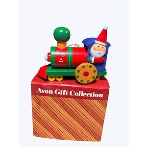 Avon Collectible Wooden Train Ornament Featuring Santa Claus Christmas Decor